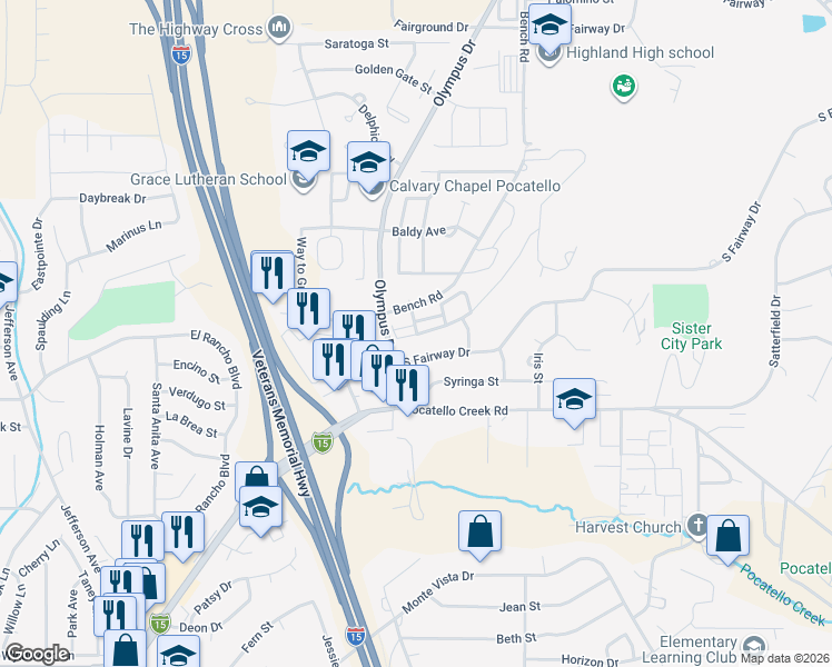 map of restaurants, bars, coffee shops, grocery stores, and more near 1626 South Von Elm Street in Pocatello