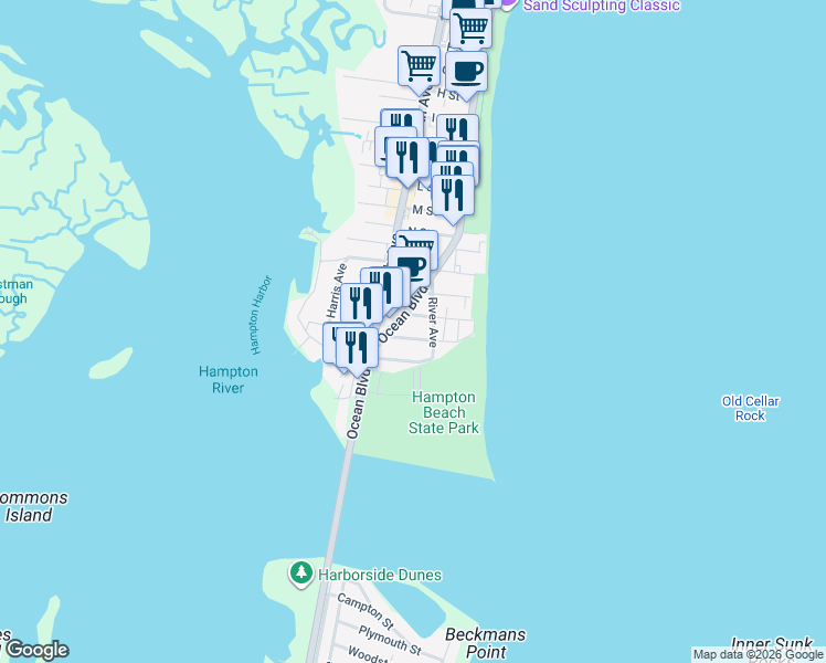 map of restaurants, bars, coffee shops, grocery stores, and more near 3 Concord Avenue in Hampton