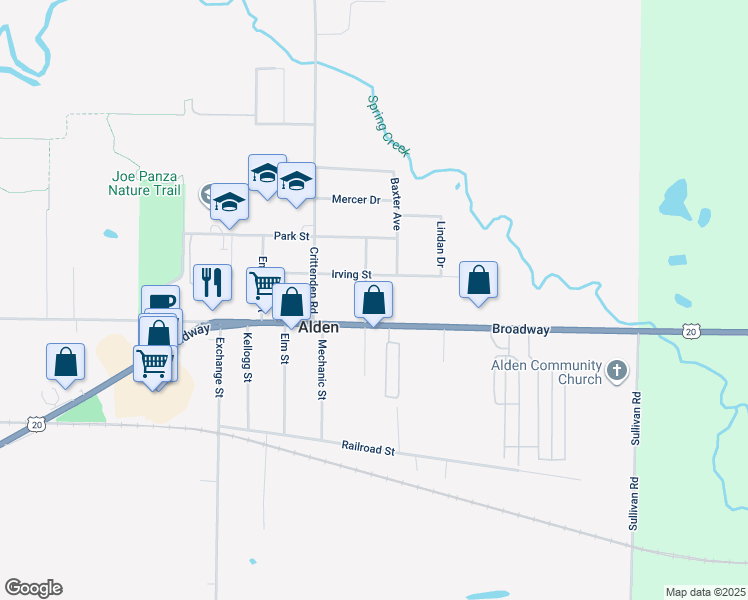 map of restaurants, bars, coffee shops, grocery stores, and more near 13395 Irving Street in Alden