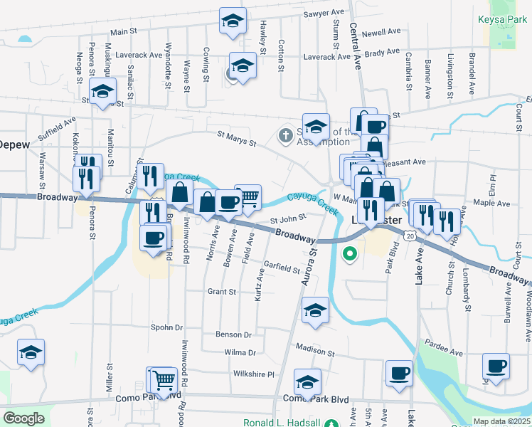 map of restaurants, bars, coffee shops, grocery stores, and more near 27 Pershing Avenue in Lancaster