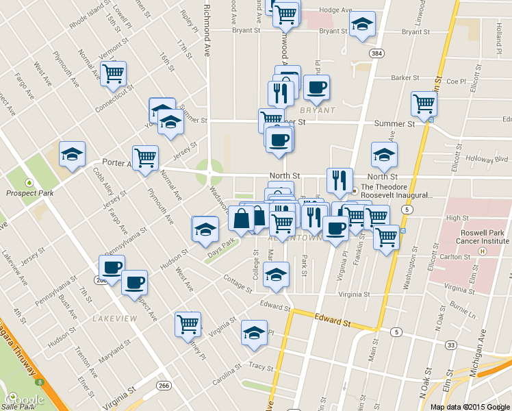 map of restaurants, bars, coffee shops, grocery stores, and more near 163 College Street in Buffalo
