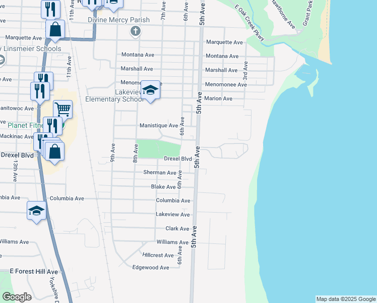 map of restaurants, bars, coffee shops, grocery stores, and more near 601 Mackinac Avenue in South Milwaukee
