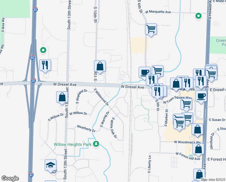 map of restaurants, bars, coffee shops, grocery stores, and more near 7940 South Wildwood Drive in Oak Creek
