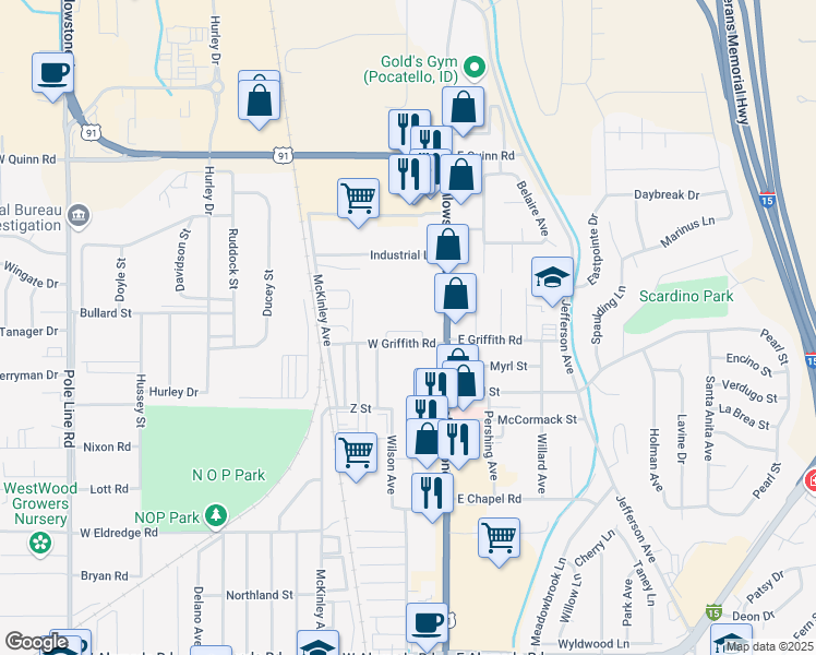 map of restaurants, bars, coffee shops, grocery stores, and more near 200 West Griffith Road in Pocatello
