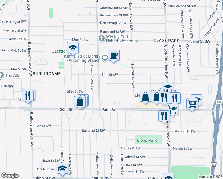 map of restaurants, bars, coffee shops, grocery stores, and more near 1130 Bryant Street Southwest in Grand Rapids