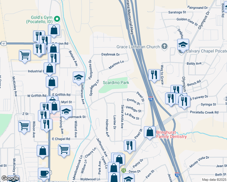 map of restaurants, bars, coffee shops, grocery stores, and more near 836 El Rancho Boulevard in Pocatello