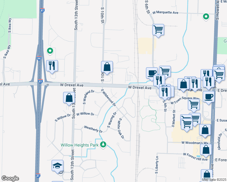 map of restaurants, bars, coffee shops, grocery stores, and more near 7940 South Wildwood Drive in Oak Creek