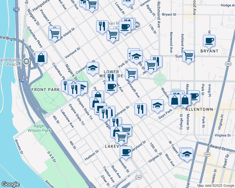map of restaurants, bars, coffee shops, grocery stores, and more near 255 Jersey Street in Buffalo