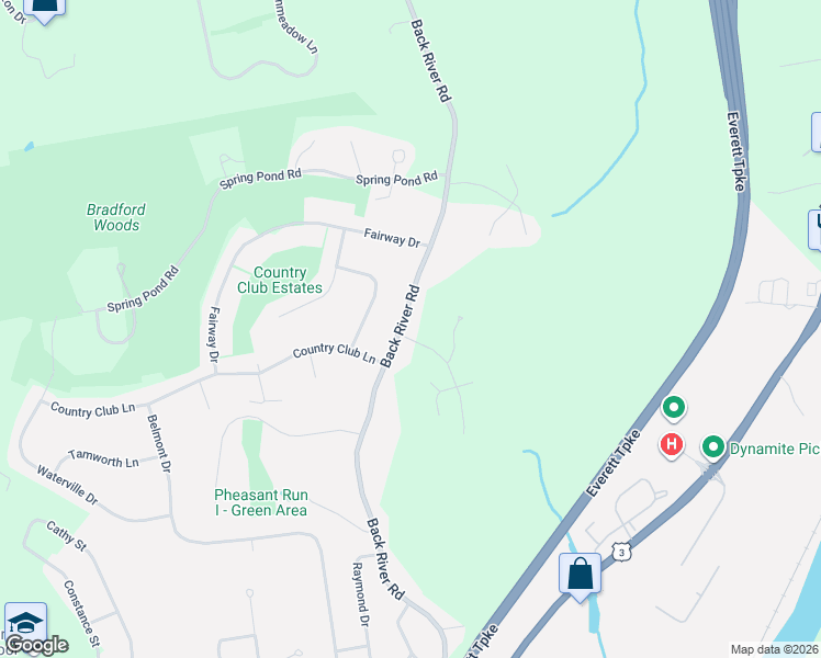 map of restaurants, bars, coffee shops, grocery stores, and more near 93 Back River Road in Merrimack