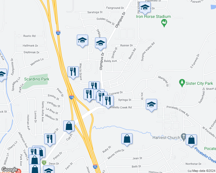 map of restaurants, bars, coffee shops, grocery stores, and more near 1602 South Von Elm Street in Pocatello