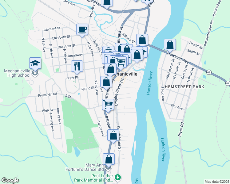 map of restaurants, bars, coffee shops, grocery stores, and more near 75 South Central Avenue in Mechanicville