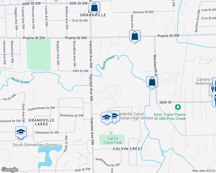 map of restaurants, bars, coffee shops, grocery stores, and more near 3560 Ivanrest Avenue Southwest in Grandville