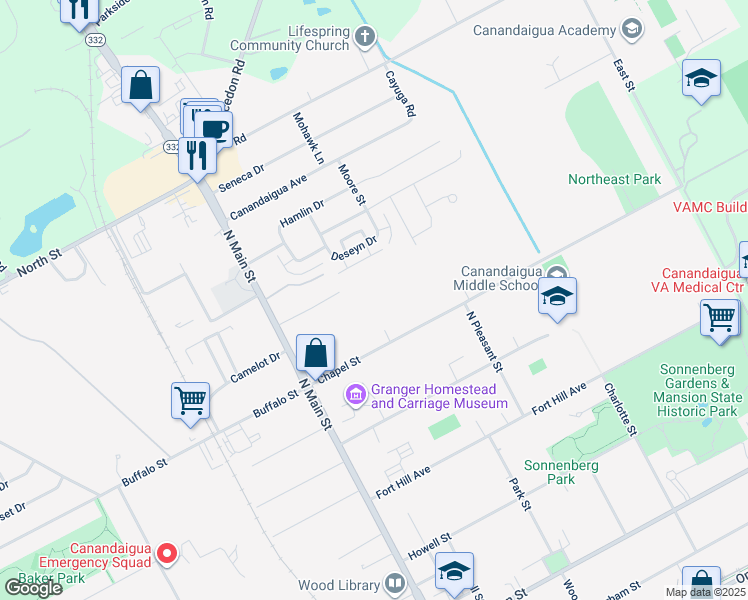 map of restaurants, bars, coffee shops, grocery stores, and more near 417R North Main Street in Canandaigua
