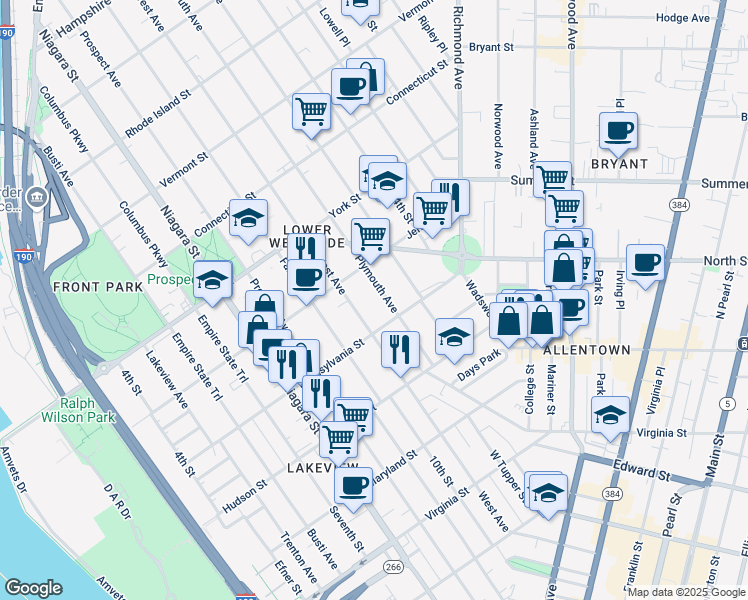 map of restaurants, bars, coffee shops, grocery stores, and more near 101 Plymouth Avenue in Buffalo