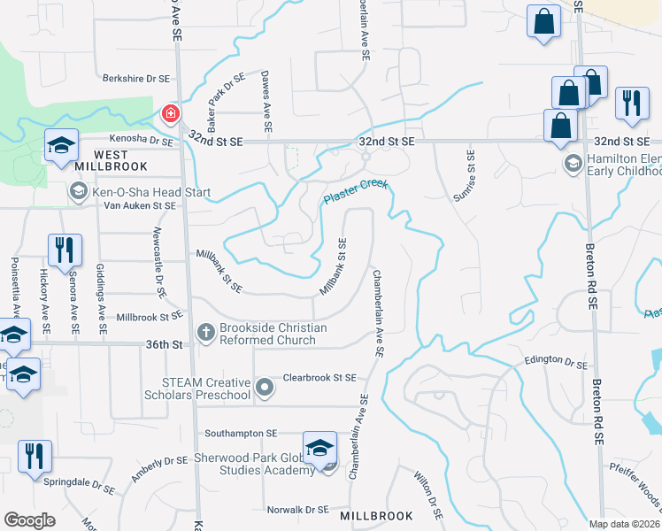 map of restaurants, bars, coffee shops, grocery stores, and more near 1923 Millbank Street Southeast in Grand Rapids