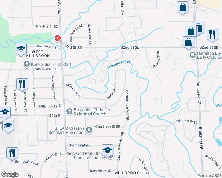 map of restaurants, bars, coffee shops, grocery stores, and more near 1923 Millbank Street Southeast in Grand Rapids
