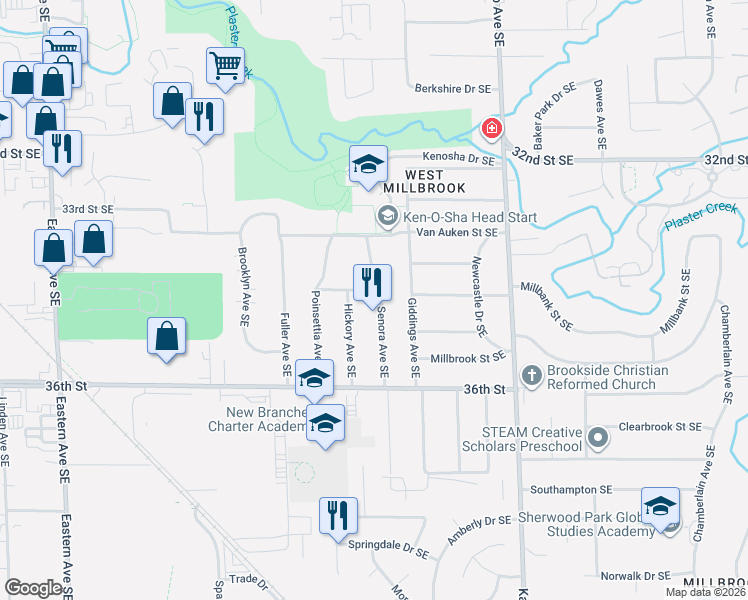 map of restaurants, bars, coffee shops, grocery stores, and more near 1317 Ravanna Street Southeast in Grand Rapids