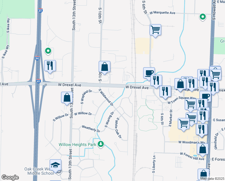 map of restaurants, bars, coffee shops, grocery stores, and more near 7940 South Wildwood Drive in Oak Creek