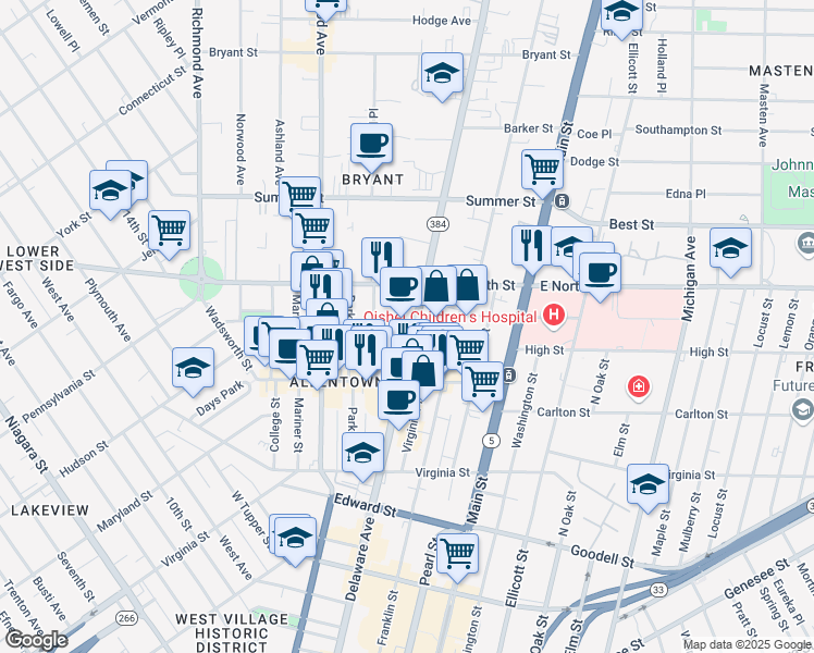 map of restaurants, bars, coffee shops, grocery stores, and more near 620 Delaware Avenue in Buffalo