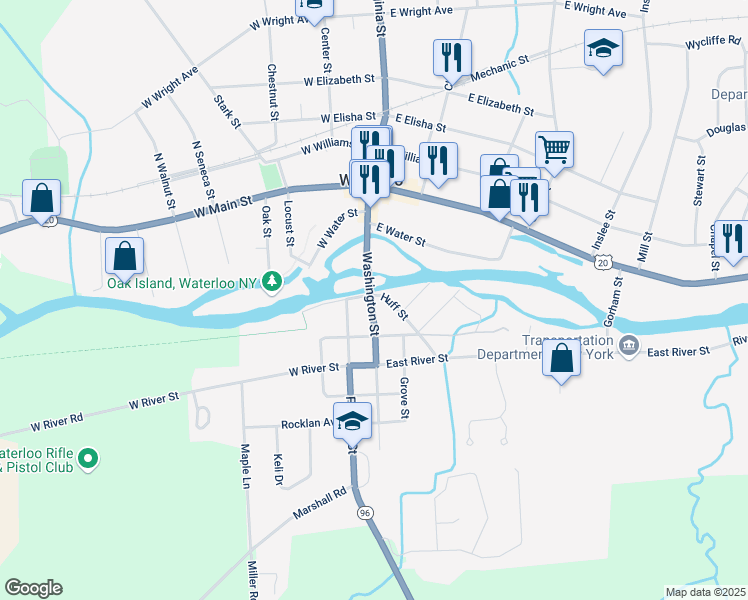map of restaurants, bars, coffee shops, grocery stores, and more near 53 Washington Street in Waterloo