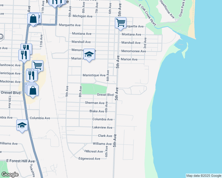 map of restaurants, bars, coffee shops, grocery stores, and more near 601 Mackinac Avenue in South Milwaukee