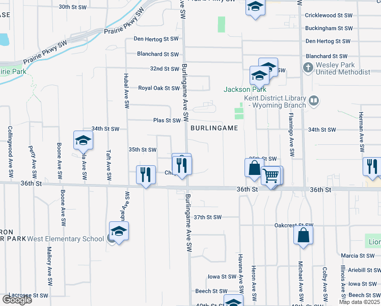 map of restaurants, bars, coffee shops, grocery stores, and more near 1582 Charles Russell Court in Wyoming