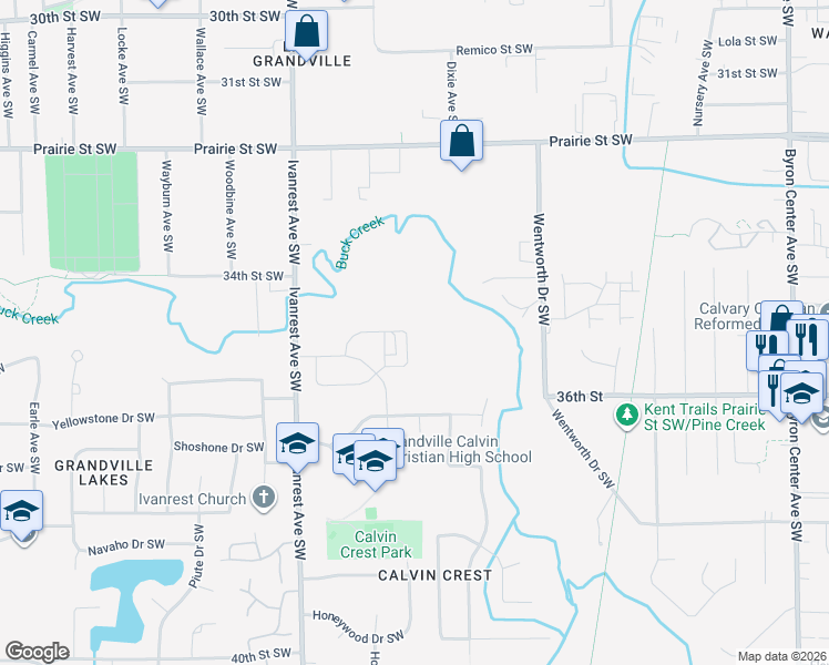 map of restaurants, bars, coffee shops, grocery stores, and more near 3560 Ivanrest Avenue Southwest in Grandville
