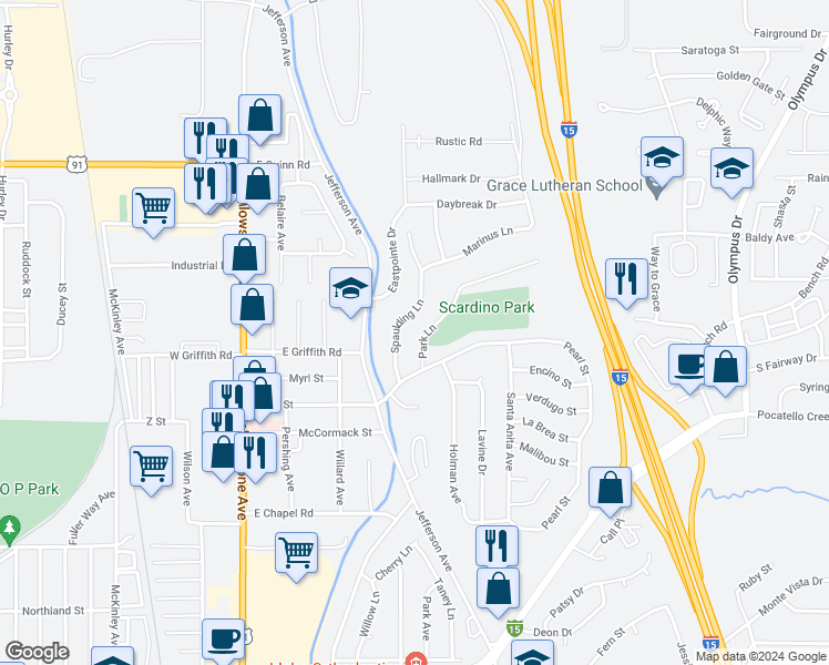 map of restaurants, bars, coffee shops, grocery stores, and more near 660 1/2 Park Lane in Pocatello