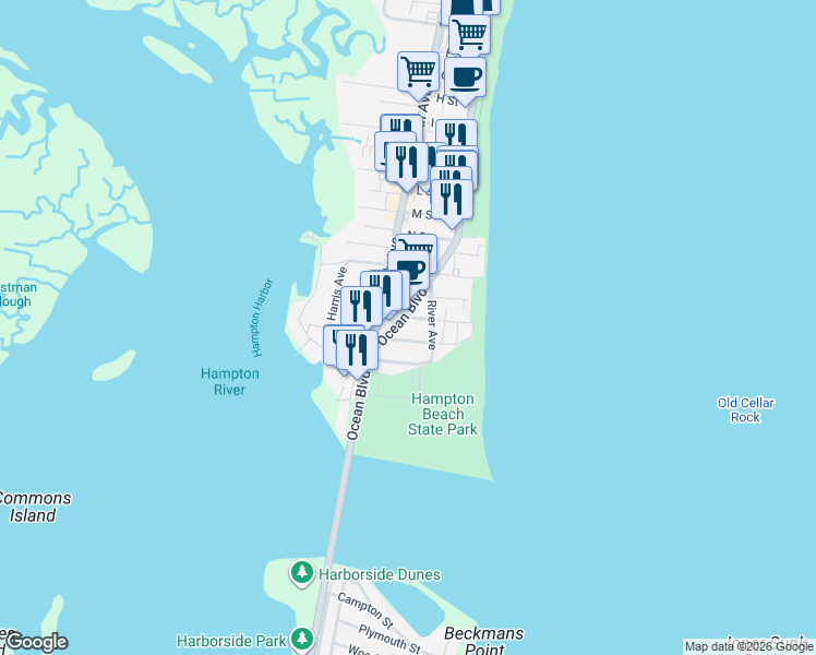map of restaurants, bars, coffee shops, grocery stores, and more near 3 Concord Avenue in Hampton