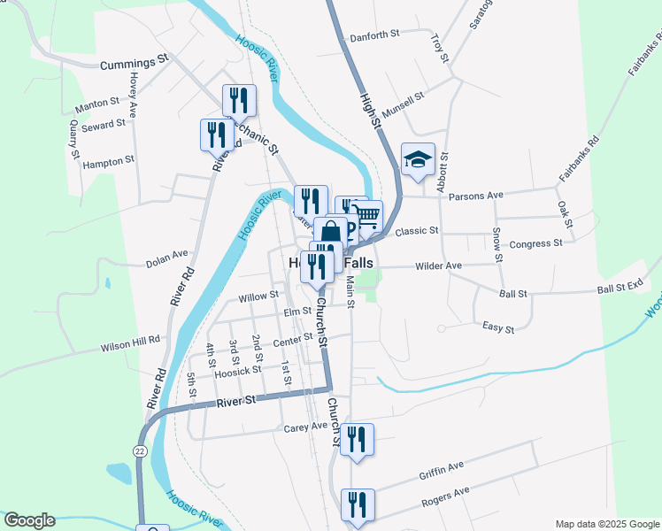 map of restaurants, bars, coffee shops, grocery stores, and more near in Hoosick Falls