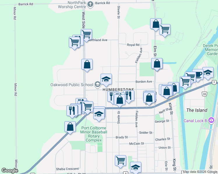 map of restaurants, bars, coffee shops, grocery stores, and more near 215 Knoll Street in Port Colborne