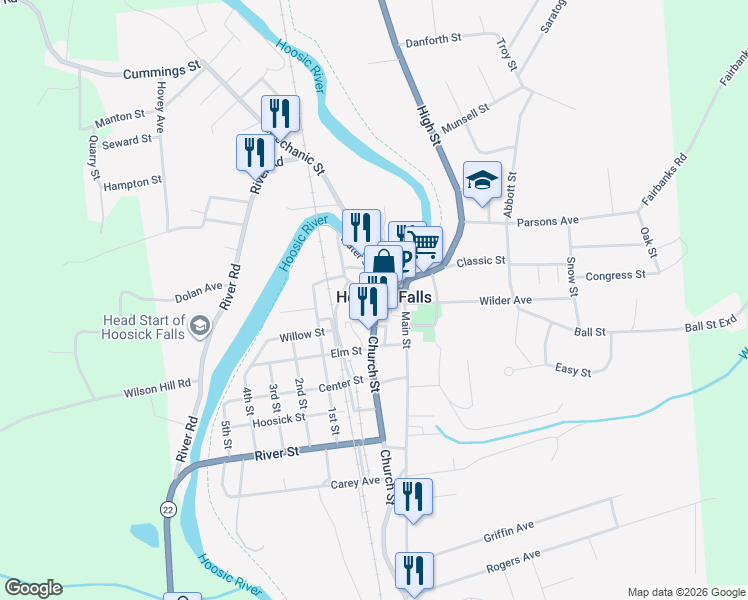 map of restaurants, bars, coffee shops, grocery stores, and more near 5 John Street in Hoosick Falls