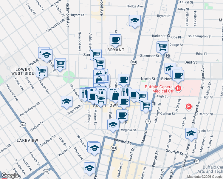 map of restaurants, bars, coffee shops, grocery stores, and more near 162 Park Street in Buffalo