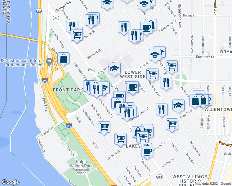 map of restaurants, bars, coffee shops, grocery stores, and more near 291 Porter Avenue in Buffalo