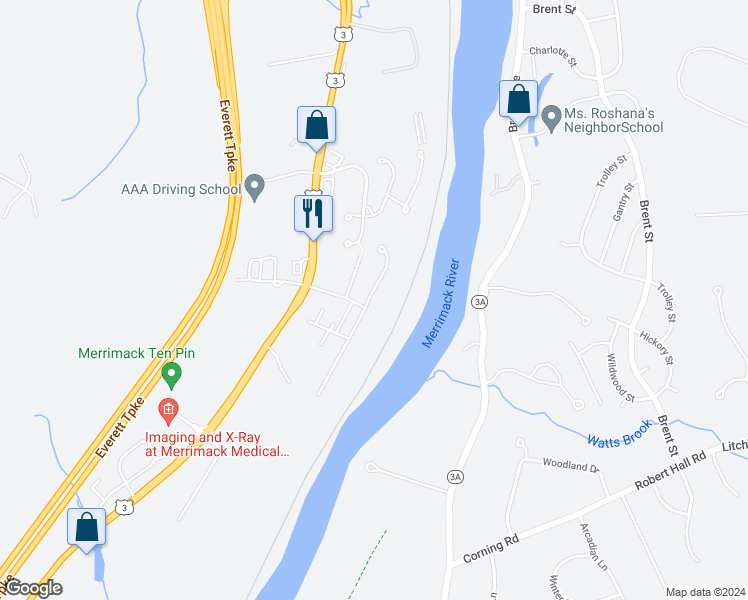 map of restaurants, bars, coffee shops, grocery stores, and more near 101 Middlesex Road in Merrimack