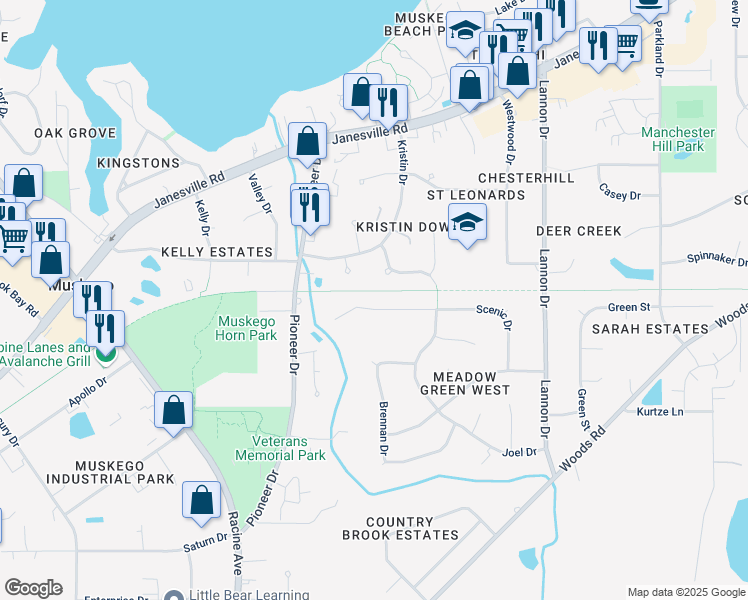 map of restaurants, bars, coffee shops, grocery stores, and more near S79W17848 Scenic Drive in Muskego