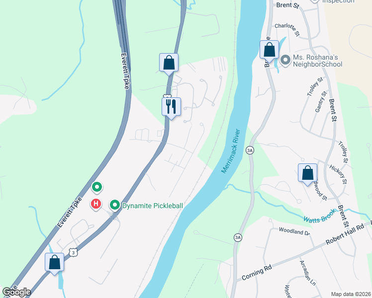 map of restaurants, bars, coffee shops, grocery stores, and more near 2 Galloway Road in Merrimack