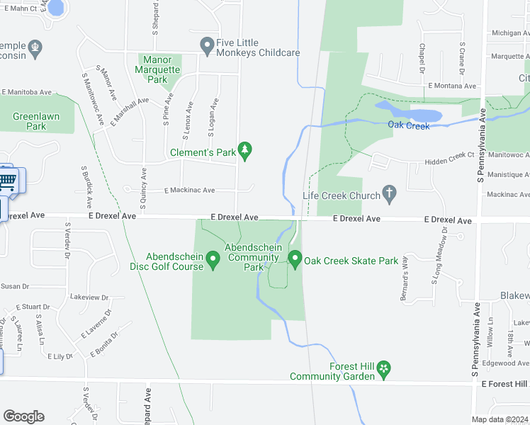 map of restaurants, bars, coffee shops, grocery stores, and more near 1316 East Drexel Avenue in Oak Creek