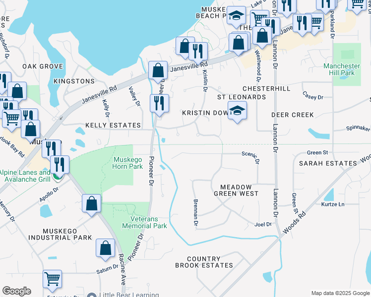 map of restaurants, bars, coffee shops, grocery stores, and more near S79W17848 Scenic Drive in Muskego