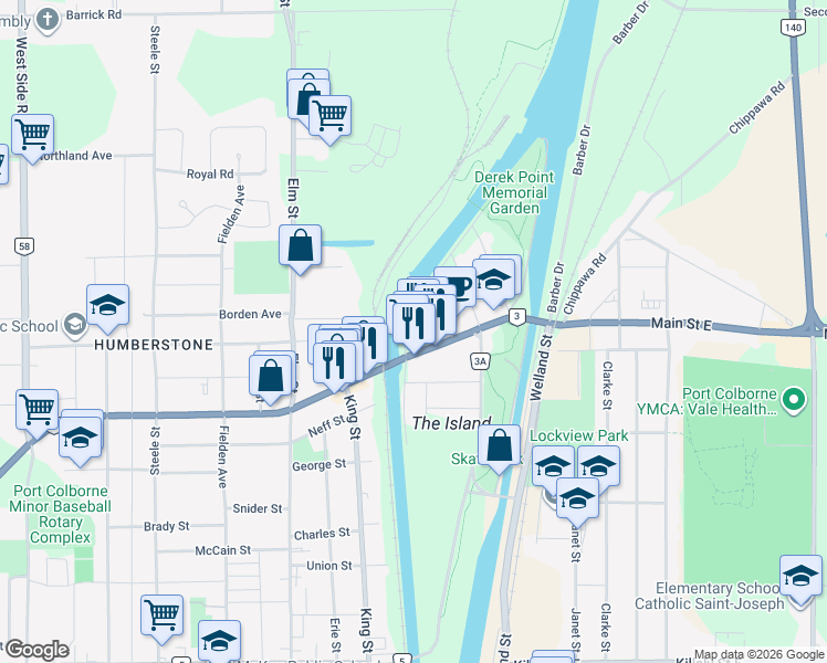 map of restaurants, bars, coffee shops, grocery stores, and more near 129 Main Street East in Port Colborne