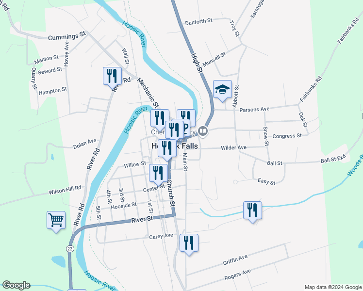 map of restaurants, bars, coffee shops, grocery stores, and more near in Hoosick Falls