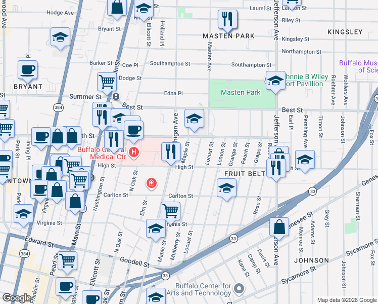 map of restaurants, bars, coffee shops, grocery stores, and more near 296 Mulberry Street in Buffalo