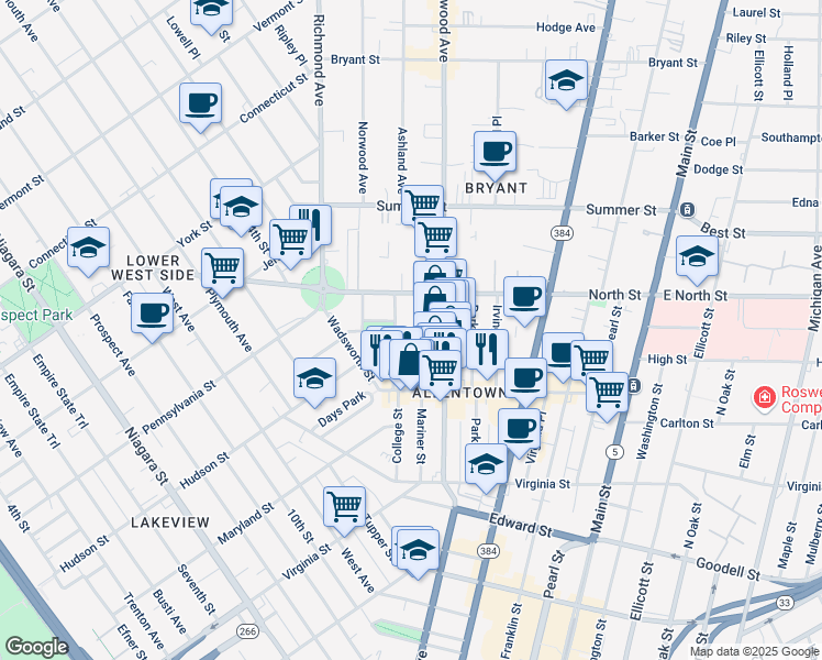 map of restaurants, bars, coffee shops, grocery stores, and more near 163 College Street in Buffalo