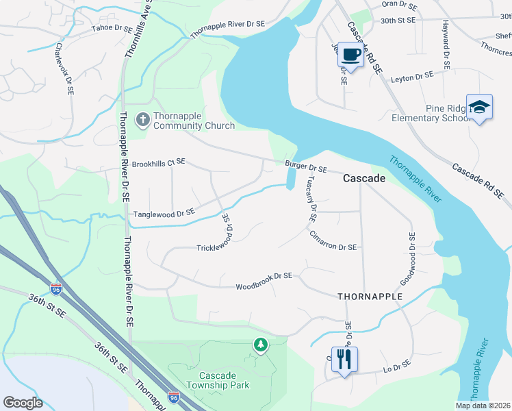 map of restaurants, bars, coffee shops, grocery stores, and more near 6710 Tanglewood Drive Southeast in Grand Rapids