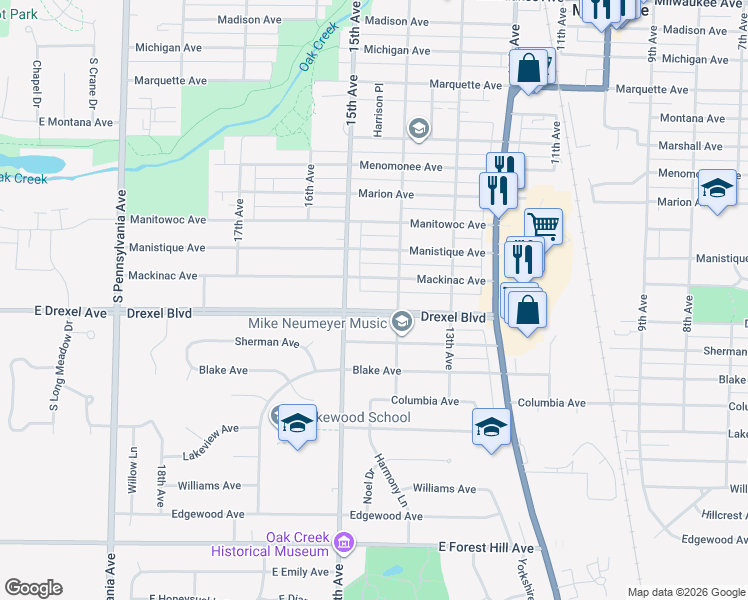 map of restaurants, bars, coffee shops, grocery stores, and more near 3007 15th Avenue in South Milwaukee