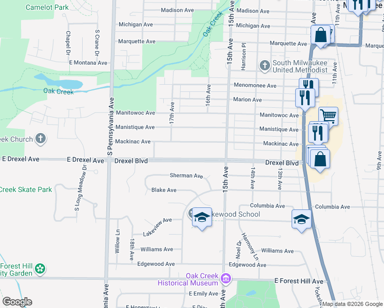 map of restaurants, bars, coffee shops, grocery stores, and more near 1608 Drexel Boulevard in South Milwaukee