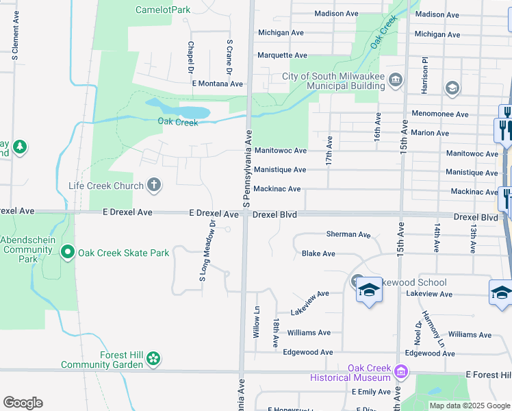 map of restaurants, bars, coffee shops, grocery stores, and more near 1823 Mackinac Avenue in South Milwaukee