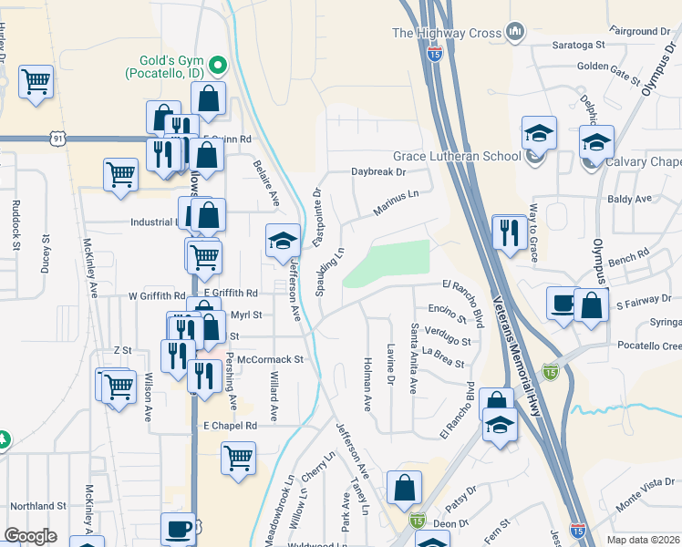 map of restaurants, bars, coffee shops, grocery stores, and more near 1452 Spaulding Lane in Pocatello