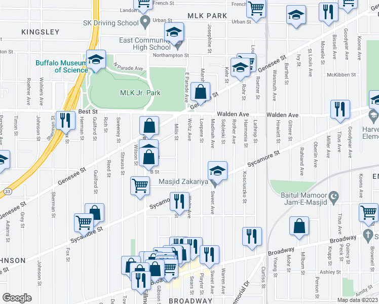 map of restaurants, bars, coffee shops, grocery stores, and more near 272 Woltz Avenue in Buffalo