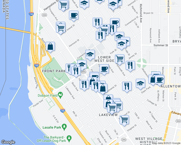 map of restaurants, bars, coffee shops, grocery stores, and more near 516 Prospect Avenue in Buffalo